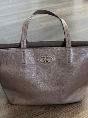 Salvatore Ferragamo Brown Pebbled Leather Tote with Gold Double-Gancini